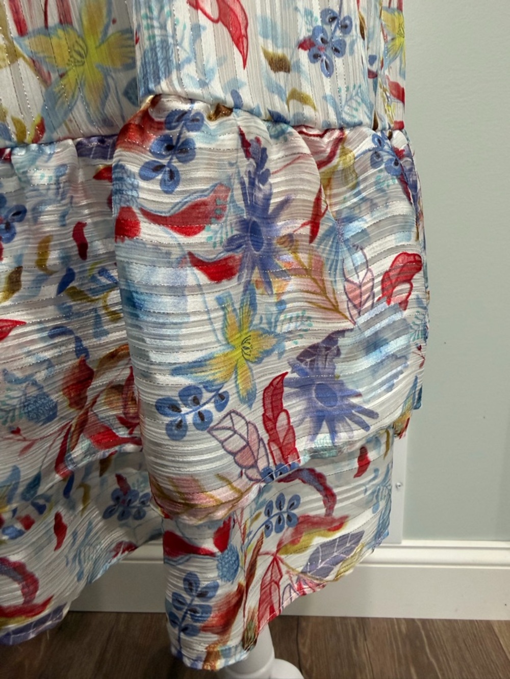Melloday Floral Print Tiered Ruffle Mini Dress Smocked Waist Shimmer Large - Picture 4 of 10